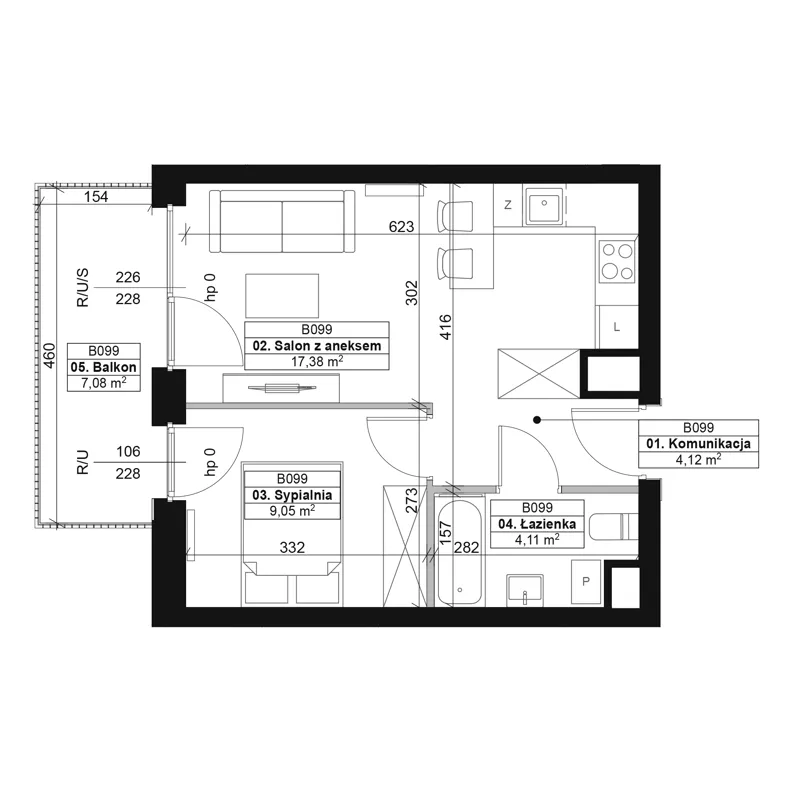 2 pokoje, mieszkanie 34,66 m², piętro 5, oferta nr B099, Dyfrakcja Łódzka, Łódź, Widzew, ul. Wodna 3