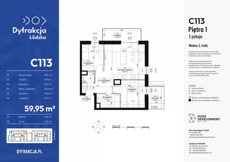 3 pokoje, mieszkanie 59,95 m², piętro 1, oferta nr C113, Dyfrakcja Łódzka, Łódź, Widzew, ul. Wodna 3