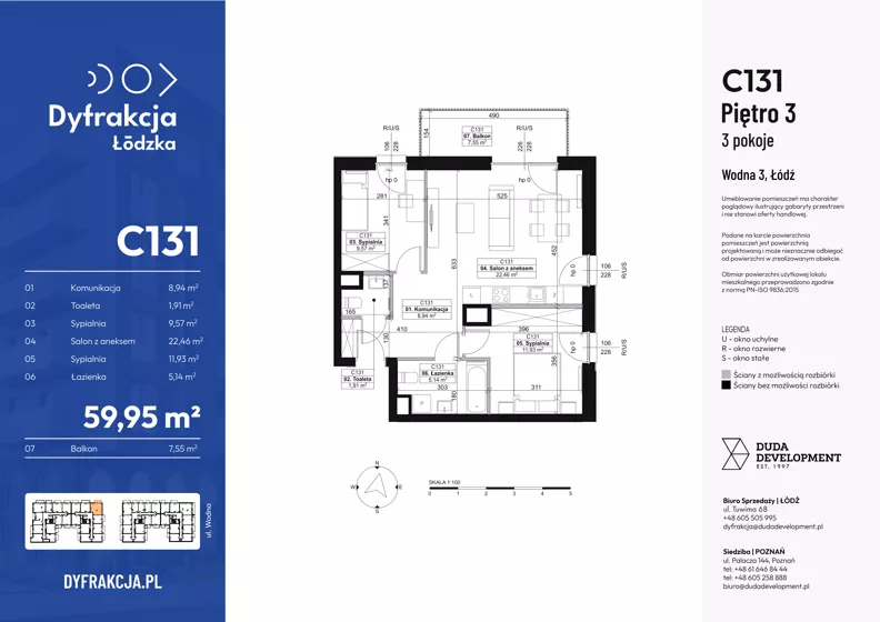3 pokoje, mieszkanie 59,95 m², piętro 3, oferta nr C131, Dyfrakcja Łódzka, Łódź, Widzew, ul. Wodna 3