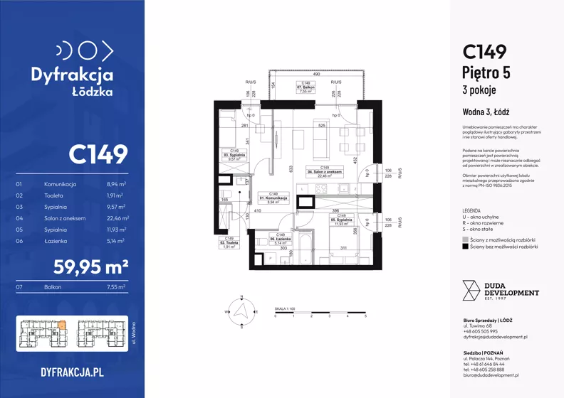 3 pokoje, mieszkanie 59,95 m², piętro 5, oferta nr C149, Dyfrakcja Łódzka, Łódź, Widzew, ul. Wodna 3