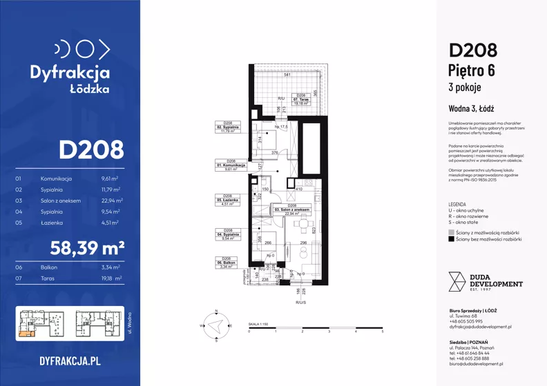 3 pokoje, mieszkanie 58,39 m², piętro 6, oferta nr D208, Dyfrakcja Łódzka, Łódź, Widzew, ul. Wodna 3