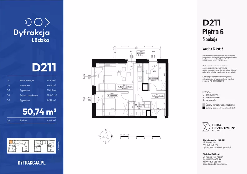 3 pokoje, mieszkanie 50,74 m², piętro 6, oferta nr D211, Dyfrakcja Łódzka, Łódź, Widzew, ul. Wodna 3