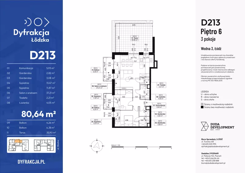 3 pokoje, mieszkanie 80,64 m², piętro 6, oferta nr D213, Dyfrakcja Łódzka, Łódź, Widzew, ul. Wodna 3