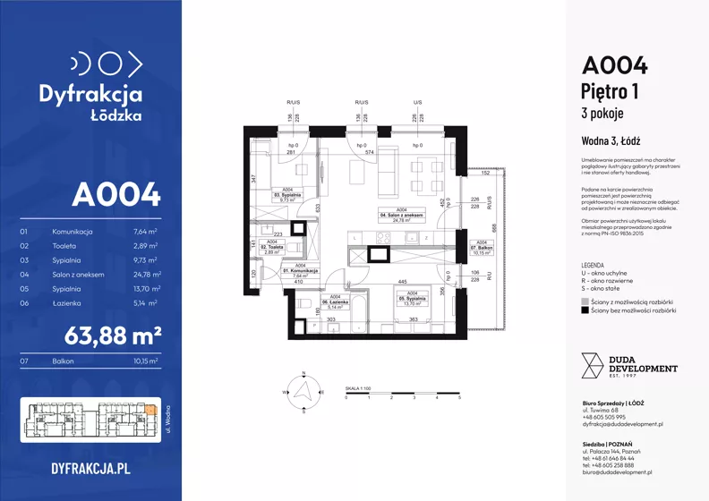 3 pokoje, mieszkanie 63,88 m², piętro 1, oferta nr A004, Dyfrakcja Łódzka, Łódź, Widzew, ul. Wodna 3