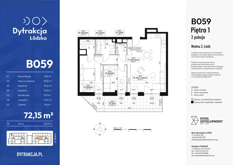 3 pokoje, mieszkanie 72,15 m², piętro 1, oferta nr B059, Dyfrakcja Łódzka, Łódź, Widzew, ul. Wodna 3