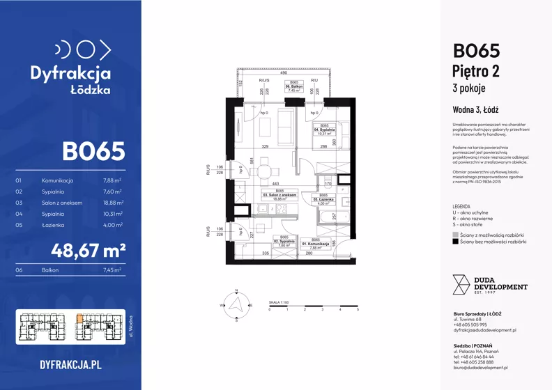 3 pokoje, mieszkanie 48,67 m², piętro 2, oferta nr B065, Dyfrakcja Łódzka, Łódź, Widzew, ul. Wodna 3
