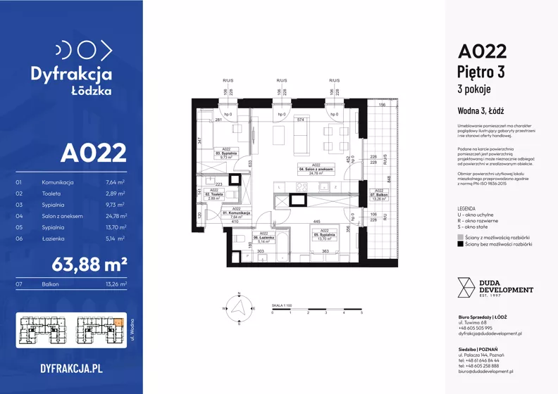 3 pokoje, mieszkanie 63,88 m², piętro 3, oferta nr A022, Dyfrakcja Łódzka, Łódź, Widzew, ul. Wodna 3