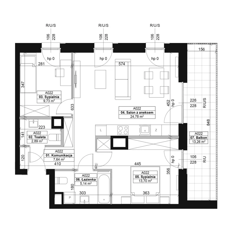 3 pokoje, mieszkanie 63,88 m², piętro 3, oferta nr A022, Dyfrakcja Łódzka, Łódź, Widzew, ul. Wodna 3