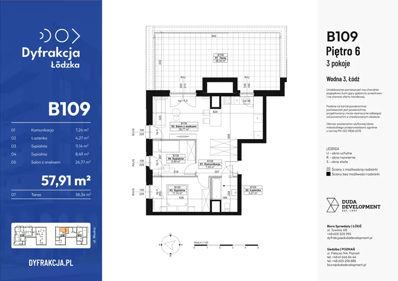 3 pokoje, mieszkanie 57,91 m², piętro 6, oferta nr B109, Dyfrakcja Łódzka, Łódź, Widzew, ul. Wodna 3