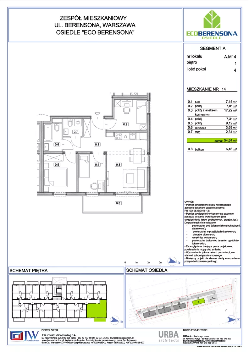 4 pokoje, mieszkanie 54,64 m², piętro 1, oferta nr A14, Eco Berensona 1, Warszawa, Białołęka, Grodzisk, ul. Berensona 131
