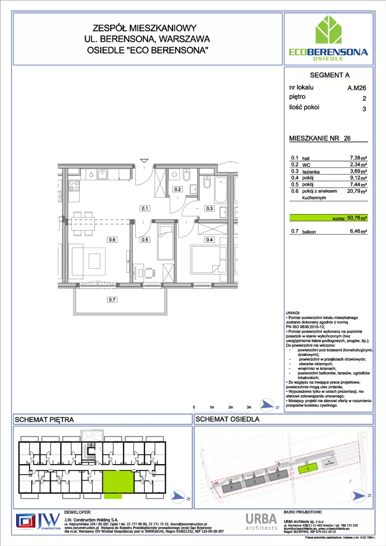 3 pokoje, mieszkanie 50,76 m², piętro 2, oferta nr A26, Eco Berensona 1, Warszawa, Białołęka, Grodzisk, ul. Berensona 131