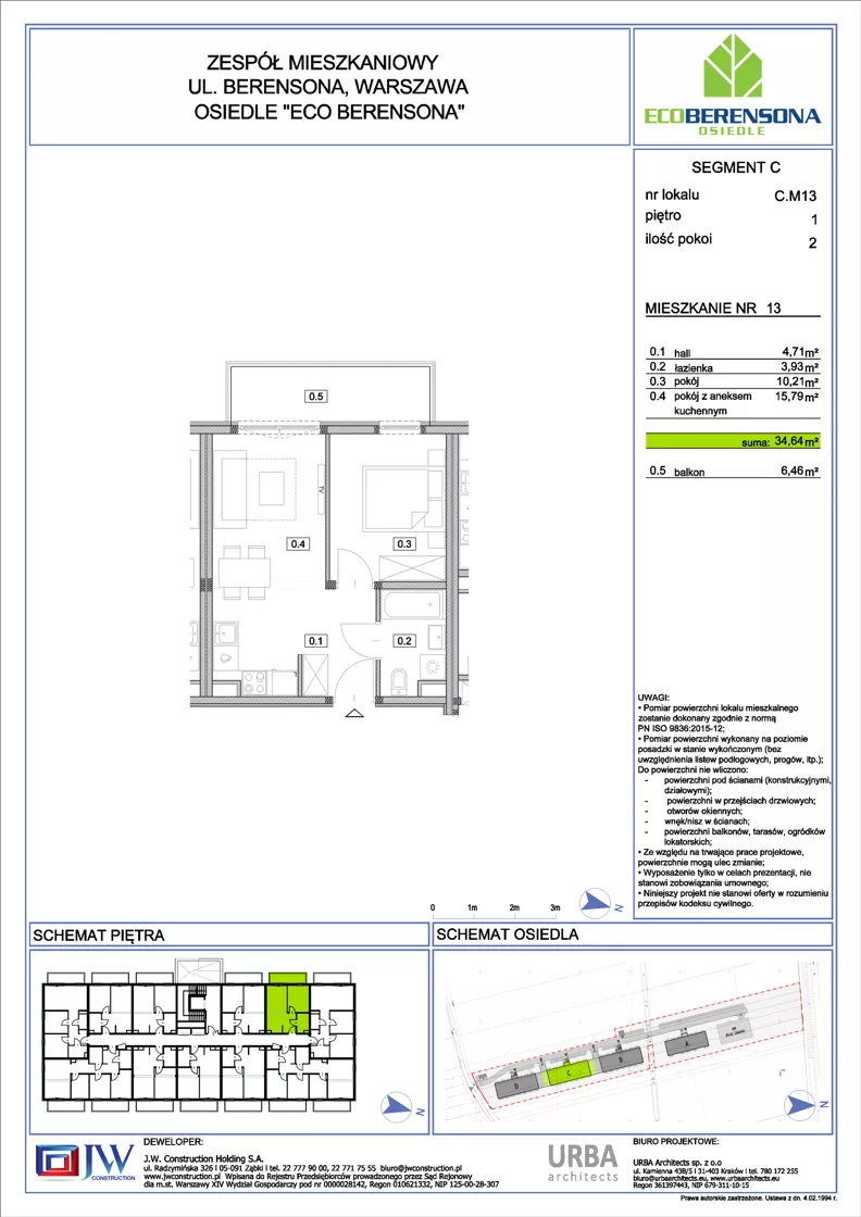 2 pokoje, mieszkanie 34,64 m², piętro 1, oferta nr C13, Eco Berensona 1, Warszawa, Białołęka, Grodzisk, ul. Berensona 131