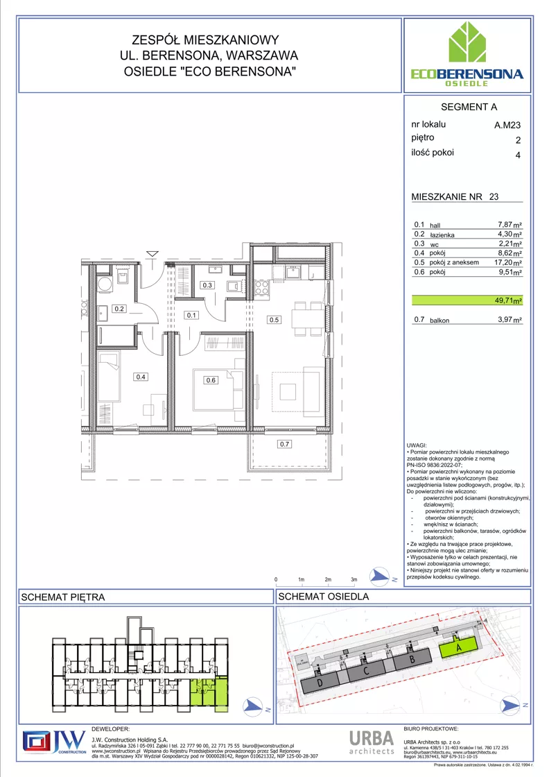 3 pokoje, mieszkanie 49,71 m², piętro 3, oferta nr 23-A, Eco Berensona 2, Warszawa, Białołęka, Grodzisk, ul. Leona Berensona 124