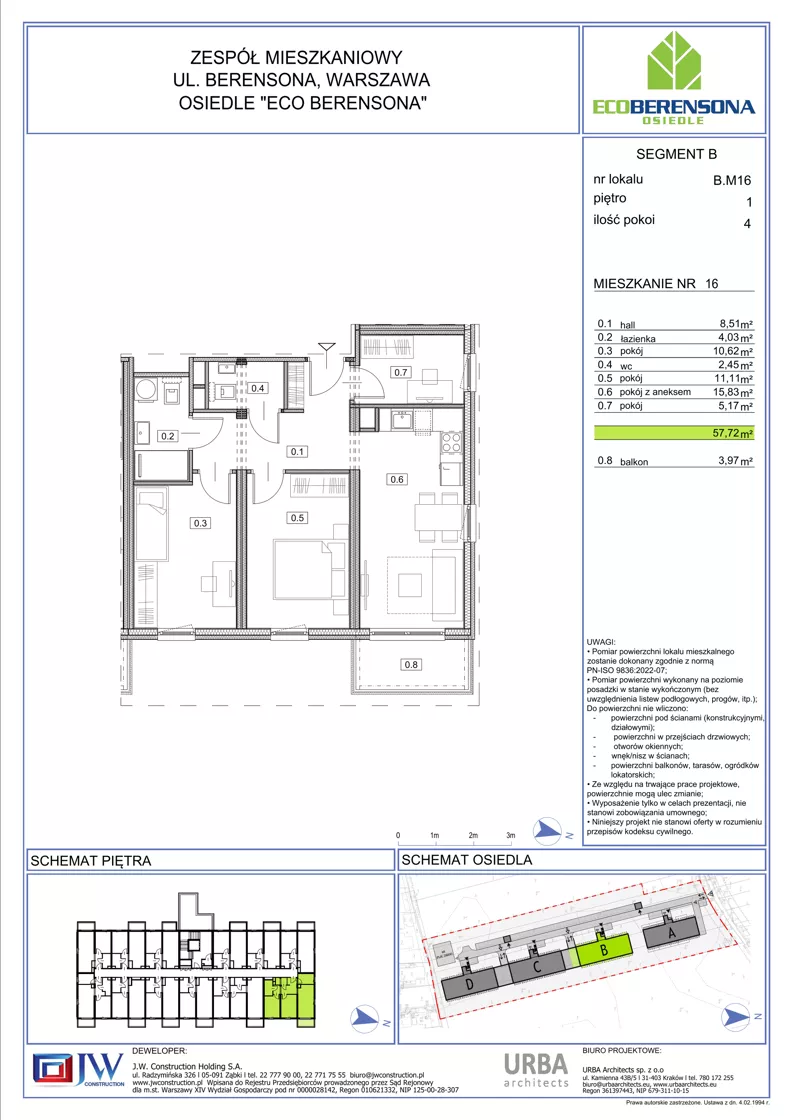 4 pokoje, mieszkanie 57,72 m², piętro 2, oferta nr 16-B, Eco Berensona 2, Warszawa, Białołęka, Grodzisk, ul. Leona Berensona 124