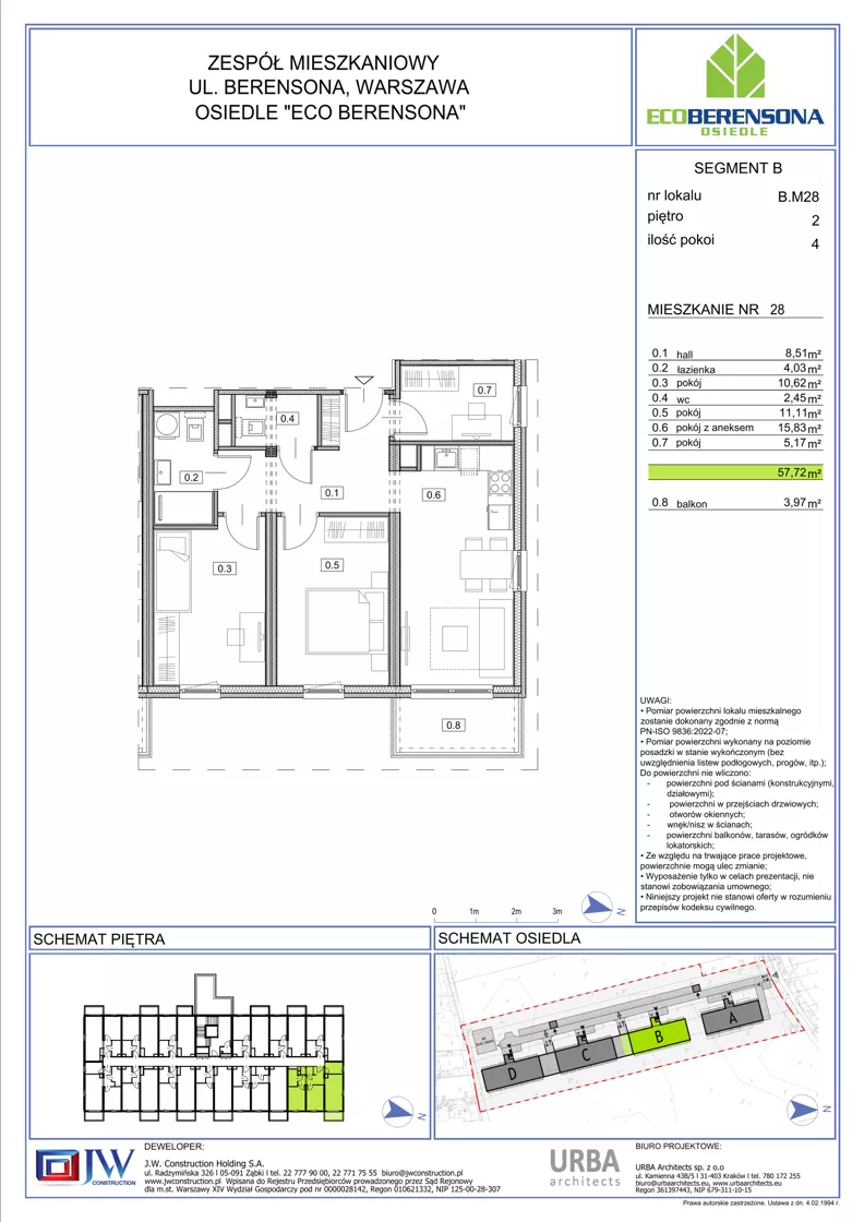4 pokoje, mieszkanie 57,72 m², piętro 3, oferta nr 28-B, Eco Berensona 2, Warszawa, Białołęka, Grodzisk, ul. Leona Berensona 124