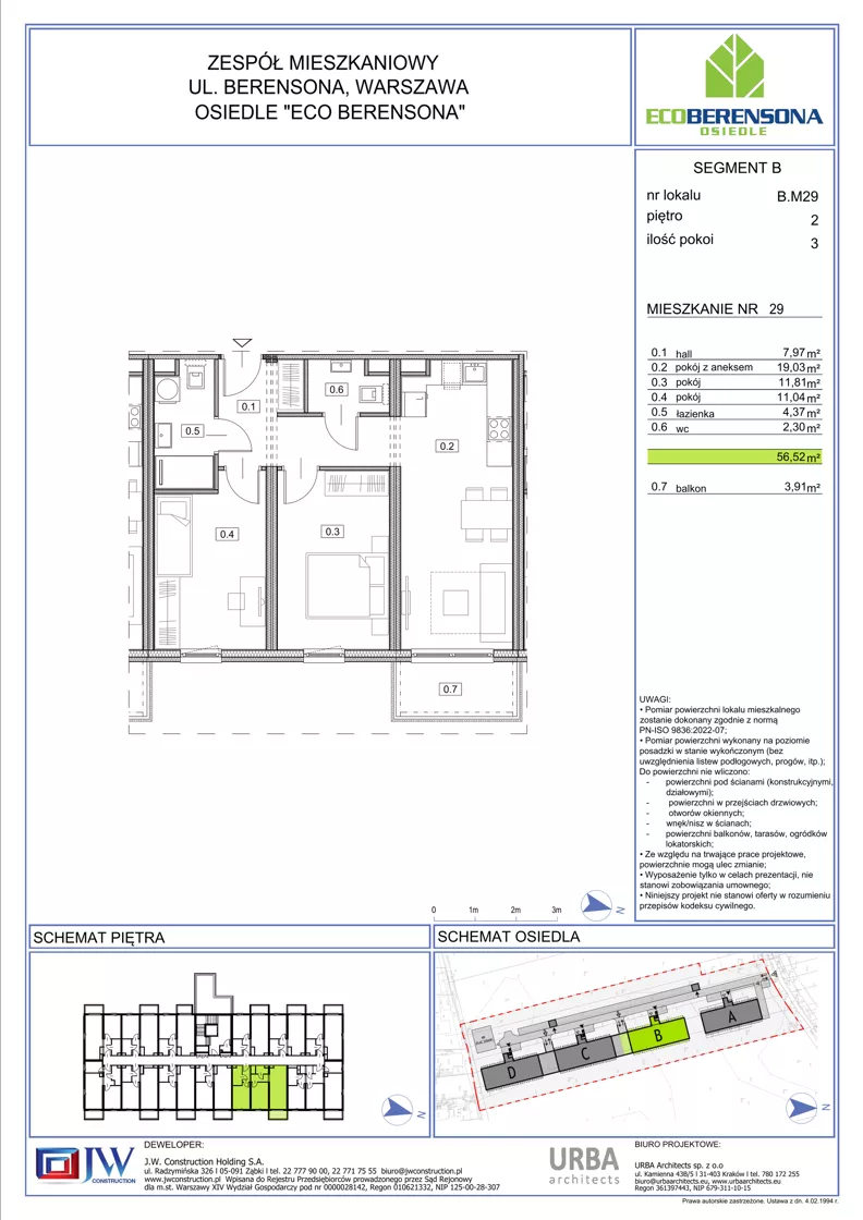 3 pokoje, mieszkanie 56,52 m², piętro 3, oferta nr 29-B, Eco Berensona 2, Warszawa, Białołęka, Grodzisk, ul. Leona Berensona 124