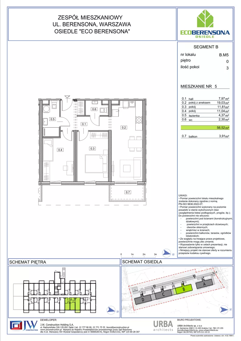 3 pokoje, mieszkanie 56,52 m², piętro 1, oferta nr 05-B, Eco Berensona 2, Warszawa, Białołęka, Grodzisk, ul. Leona Berensona 124