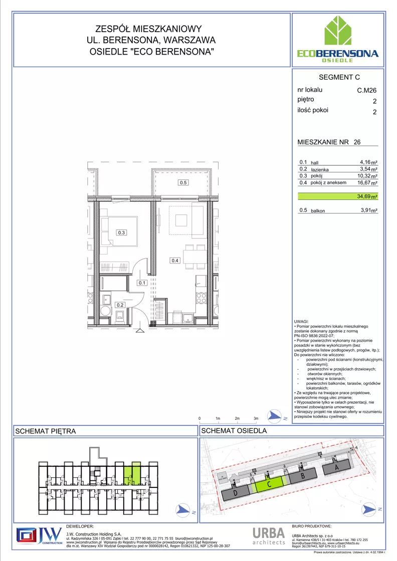 2 pokoje, mieszkanie 34,69 m², piętro 3, oferta nr 26-C, Eco Berensona 2, Warszawa, Białołęka, Grodzisk, ul. Leona Berensona 124