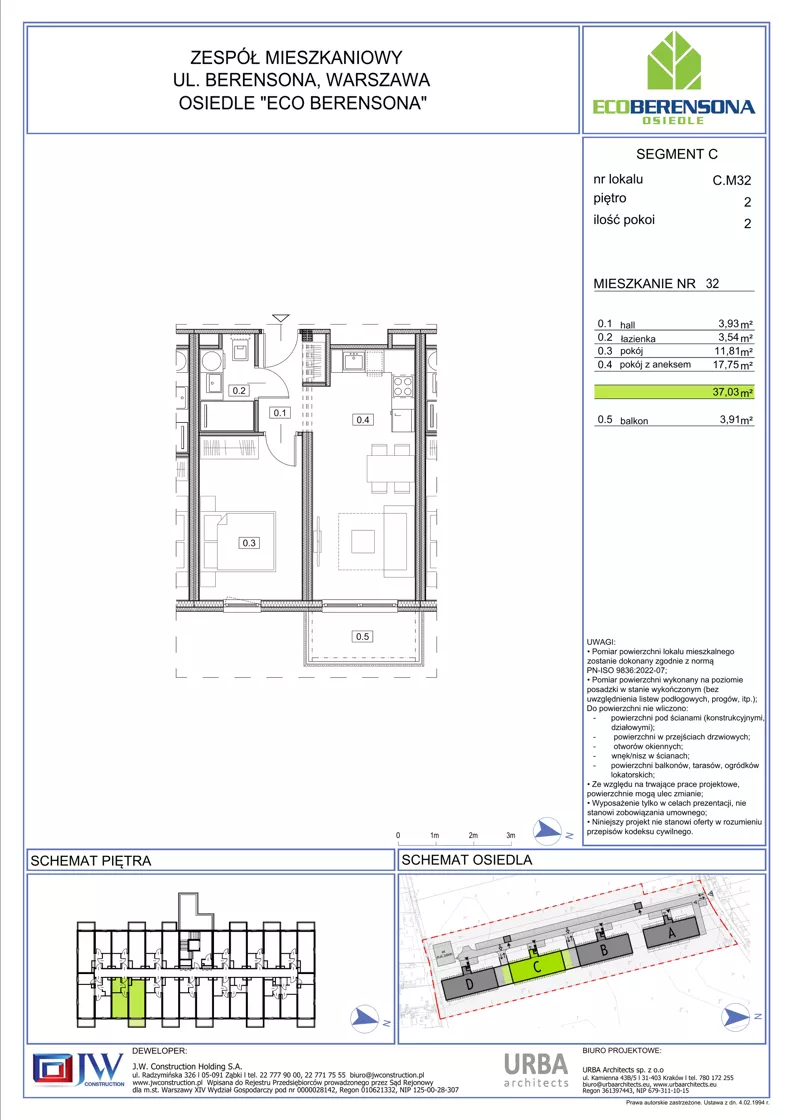 2 pokoje, mieszkanie 37,03 m², piętro 3, oferta nr 32-C, Eco Berensona 2, Warszawa, Białołęka, Grodzisk, ul. Leona Berensona 124