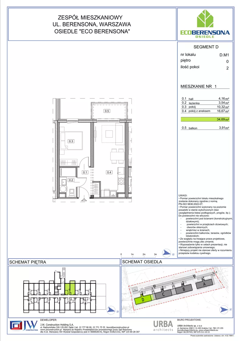 2 pokoje, mieszkanie 34,69 m², piętro 1, oferta nr 01-D, Eco Berensona 2, Warszawa, Białołęka, Grodzisk, ul. Leona Berensona 124