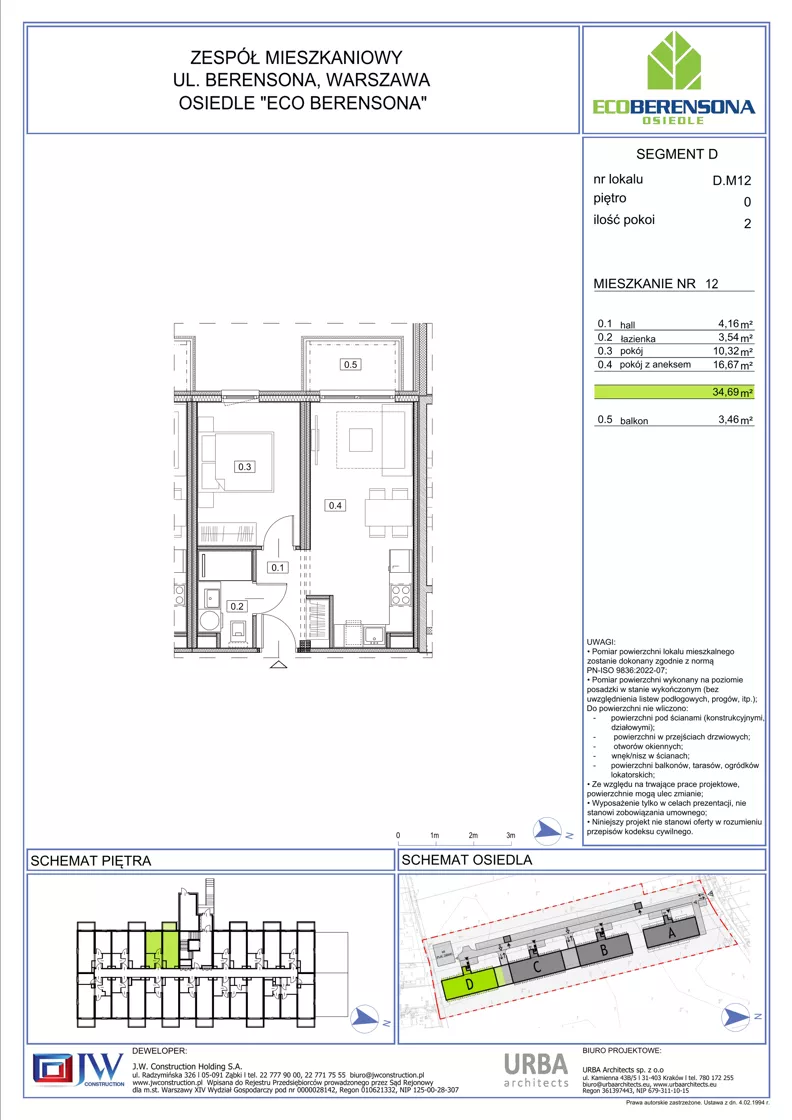 2 pokoje, mieszkanie 34,69 m², piętro 1, oferta nr 12-D, Eco Berensona 2, Warszawa, Białołęka, Grodzisk, ul. Leona Berensona 124