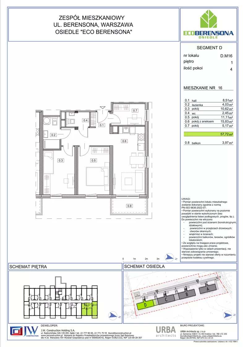 4 pokoje, mieszkanie 57,72 m², piętro 2, oferta nr 16-D, Eco Berensona 2, Warszawa, Białołęka, Grodzisk, ul. Leona Berensona 124