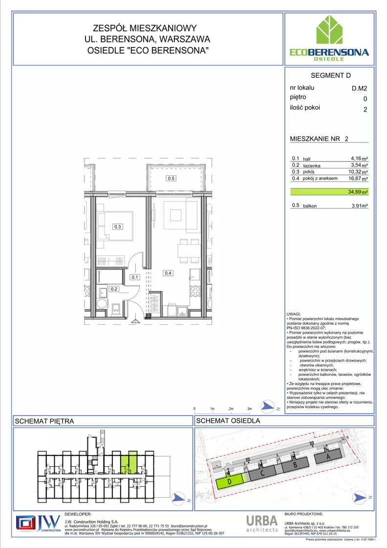 2 pokoje, mieszkanie 34,69 m², piętro 1, oferta nr 02-D, Eco Berensona 2, Warszawa, Białołęka, Grodzisk, ul. Leona Berensona 124