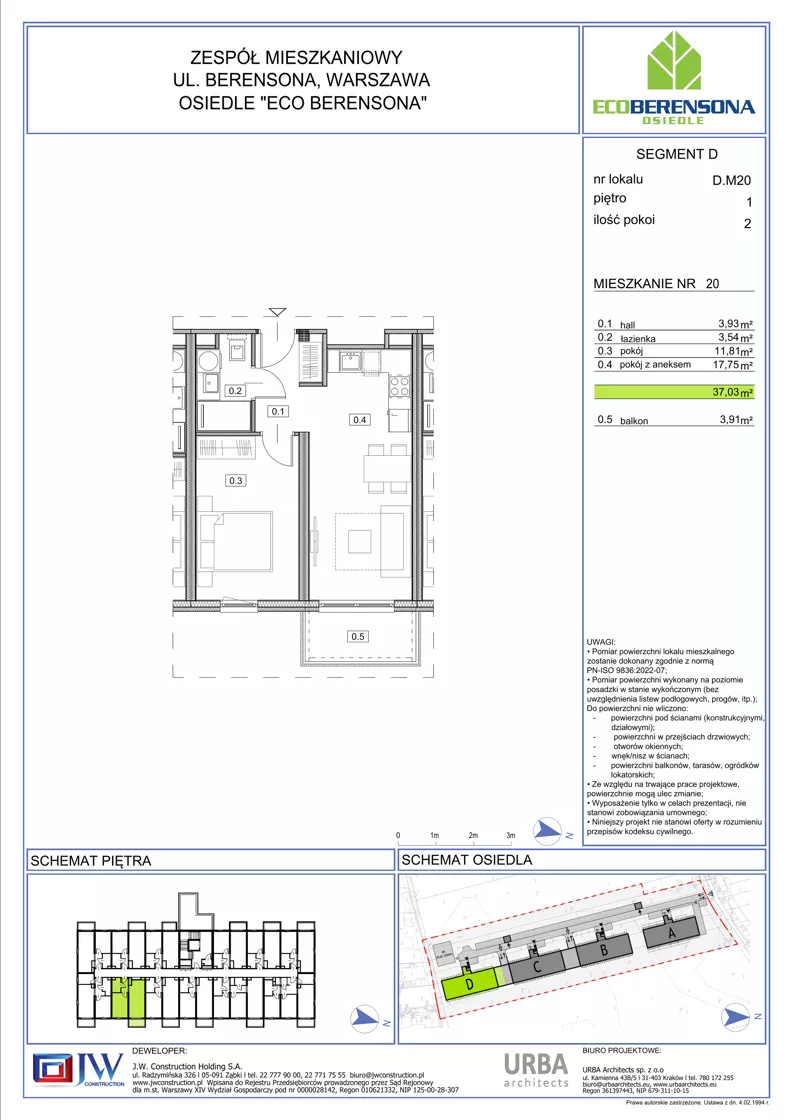 2 pokoje, mieszkanie 37,03 m², piętro 2, oferta nr 20-D, Eco Berensona 2, Warszawa, Białołęka, Grodzisk, ul. Leona Berensona 124