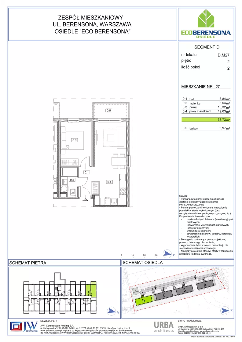 2 pokoje, mieszkanie 36,73 m², piętro 3, oferta nr 27-D, Eco Berensona 2, Warszawa, Białołęka, Grodzisk, ul. Leona Berensona 124