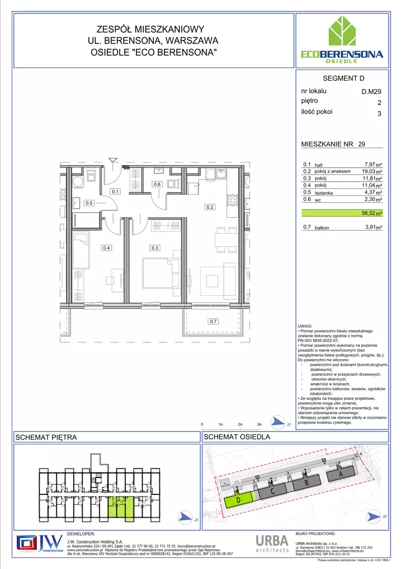 3 pokoje, mieszkanie 56,52 m², piętro 3, oferta nr 29-D, Eco Berensona 2, Warszawa, Białołęka, Grodzisk, ul. Leona Berensona 124