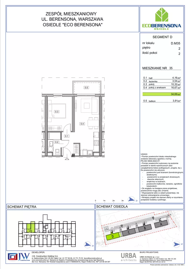 2 pokoje, mieszkanie 34,69 m², piętro 3, oferta nr 35-D, Eco Berensona 2, Warszawa, Białołęka, Grodzisk, ul. Leona Berensona 124