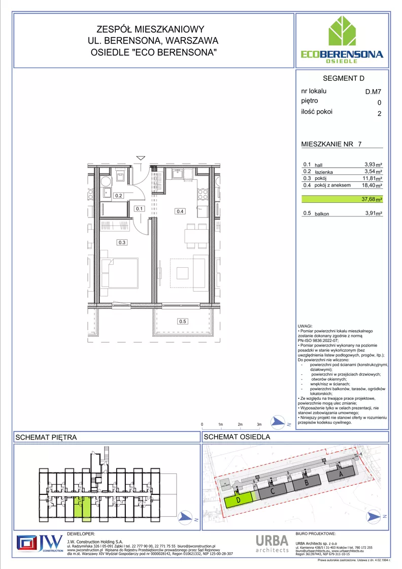 2 pokoje, mieszkanie 37,68 m², piętro 1, oferta nr 07-D, Eco Berensona 2, Warszawa, Białołęka, Grodzisk, ul. Leona Berensona 124