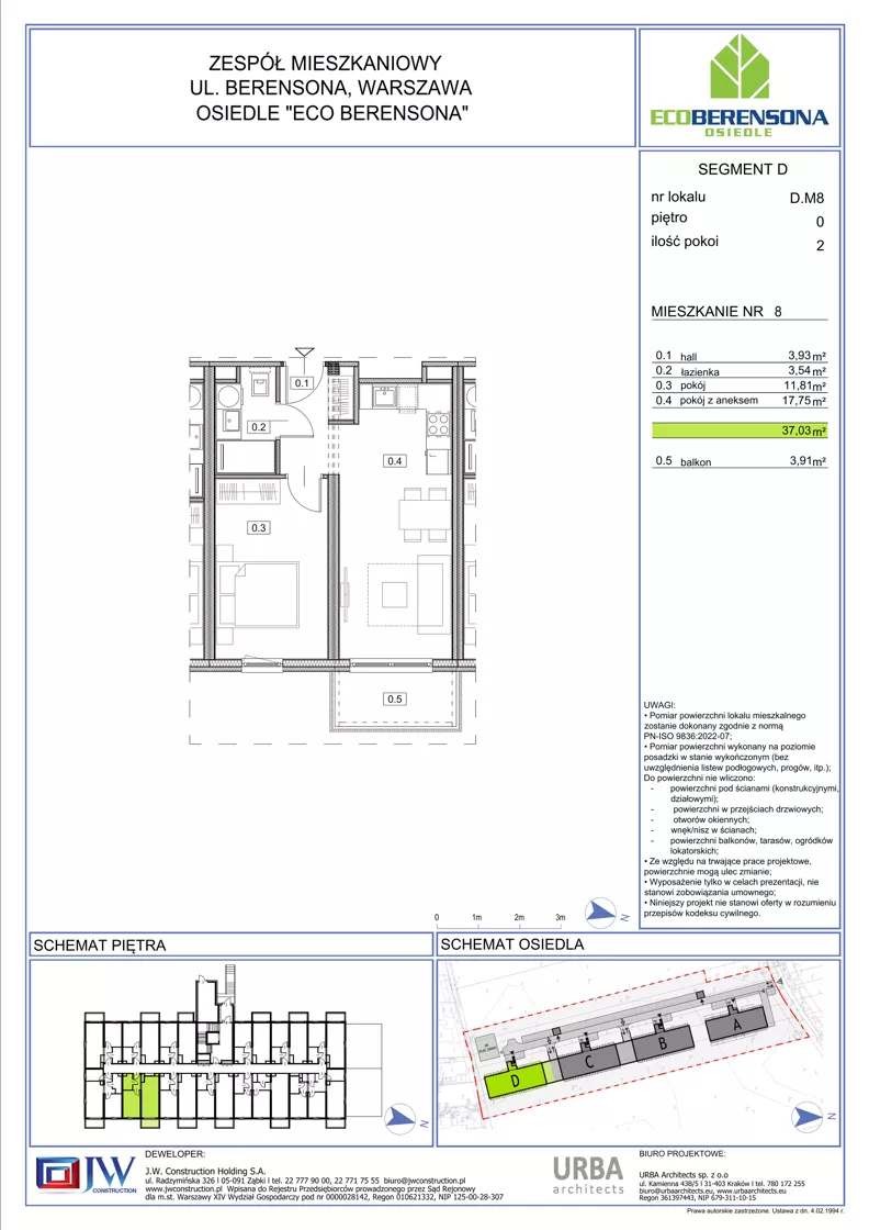 2 pokoje, mieszkanie 37,03 m², piętro 1, oferta nr 08-D, Eco Berensona 2, Warszawa, Białołęka, Grodzisk, ul. Leona Berensona 124
