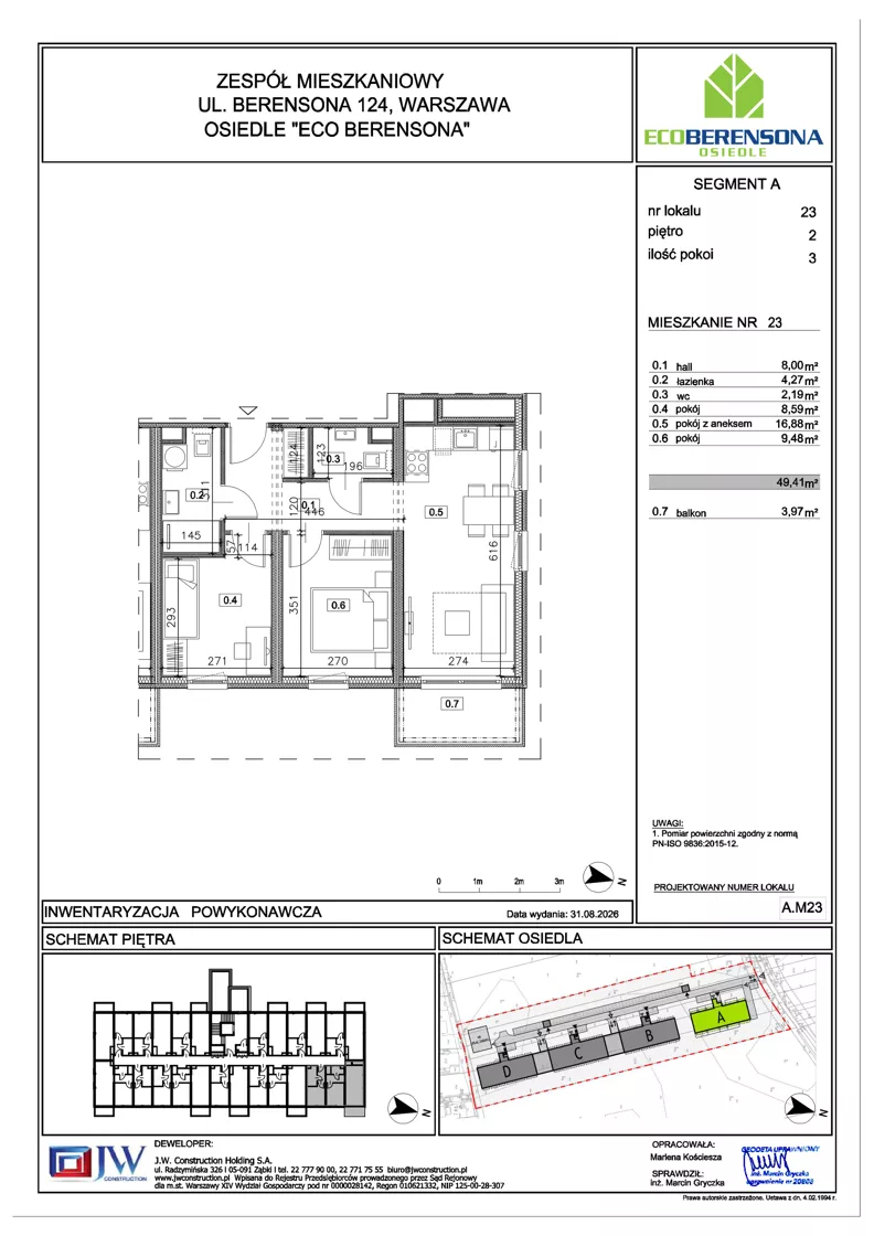 3 pokoje, mieszkanie 49,41 m², piętro 2, oferta nr A-23, Eco Berensona 2, Warszawa, Białołęka, Grodzisk, ul. Leona Berensona 124