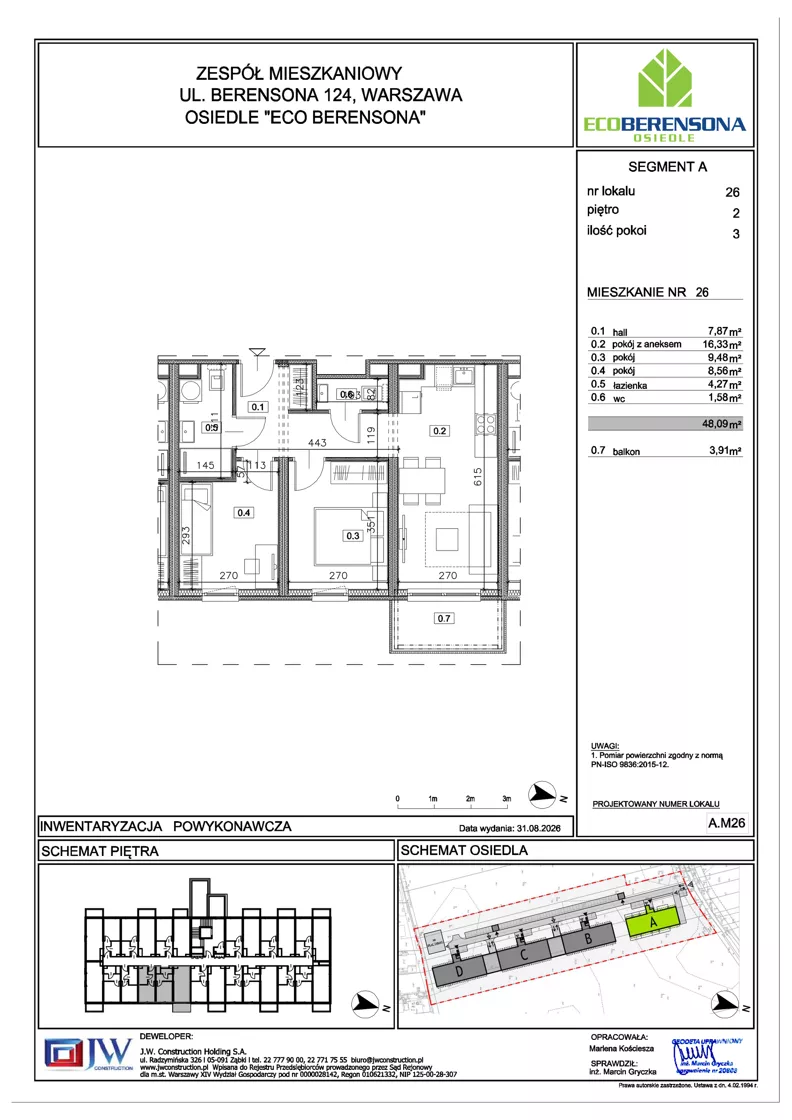 3 pokoje, mieszkanie 48,09 m², piętro 2, oferta nr A-26, Eco Berensona 2, Warszawa, Białołęka, Grodzisk, ul. Leona Berensona 124
