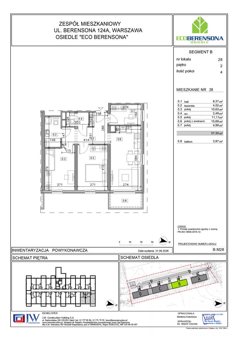 4 pokoje, mieszkanie 57,30 m², piętro 2, oferta nr B-28, Eco Berensona 2, Warszawa, Białołęka, Grodzisk, ul. Leona Berensona 124