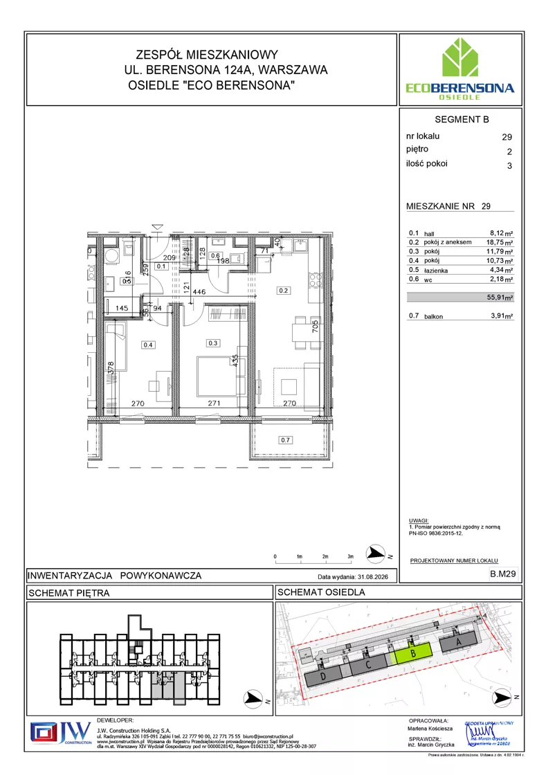 3 pokoje, mieszkanie 55,91 m², piętro 2, oferta nr B-29, Eco Berensona 2, Warszawa, Białołęka, Grodzisk, ul. Leona Berensona 124