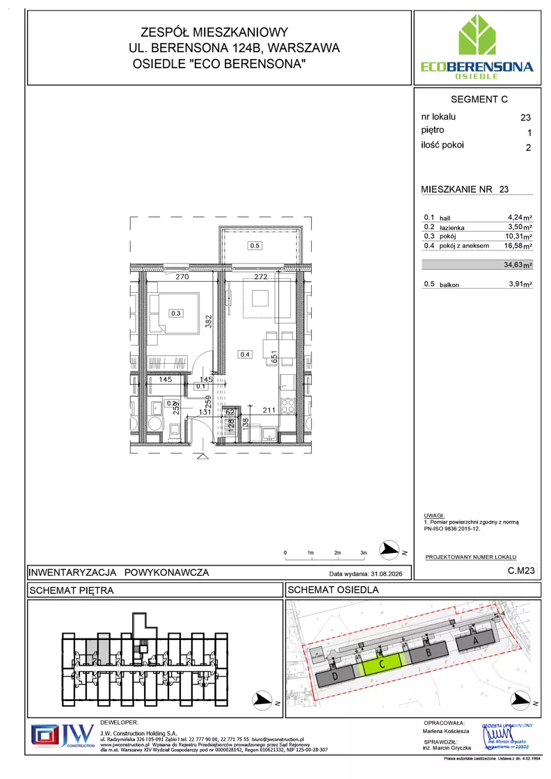 2 pokoje, mieszkanie 34,63 m², piętro 1, oferta nr C-23, Eco Berensona 2, Warszawa, Białołęka, Grodzisk, ul. Leona Berensona 124
