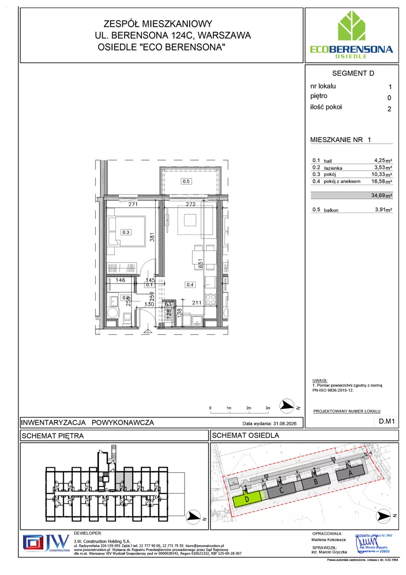 2 pokoje, mieszkanie 34,69 m², parter, oferta nr D-01, Eco Berensona 2, Warszawa, Białołęka, Grodzisk, ul. Leona Berensona 124