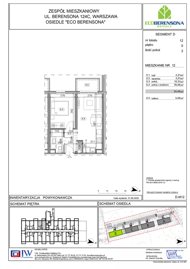 2 pokoje, mieszkanie 34,49 m², parter, oferta nr D-12, Eco Berensona 2, Warszawa, Białołęka, Grodzisk, ul. Leona Berensona 124
