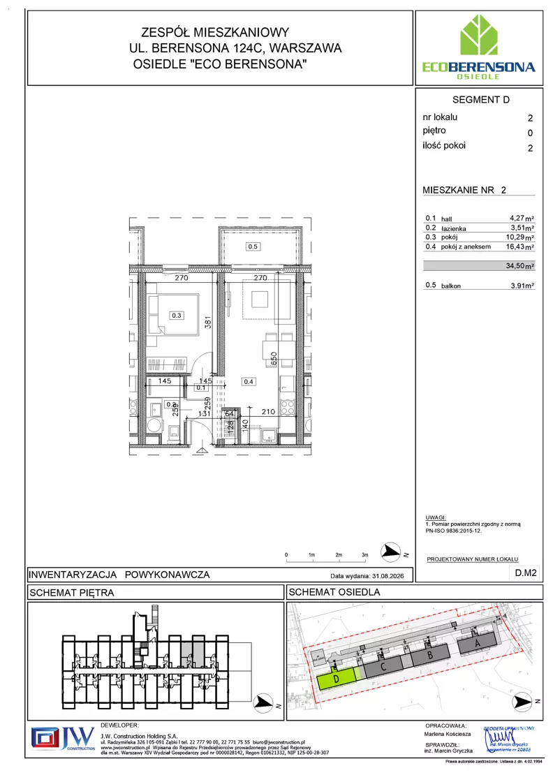 2 pokoje, mieszkanie 34,50 m², parter, oferta nr D-02, Eco Berensona 2, Warszawa, Białołęka, Grodzisk, ul. Leona Berensona 124