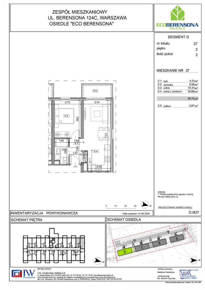 2 pokoje, mieszkanie 36,76 m², piętro 2, oferta nr D-27, Eco Berensona 2, Warszawa, Białołęka, Grodzisk, ul. Leona Berensona 124