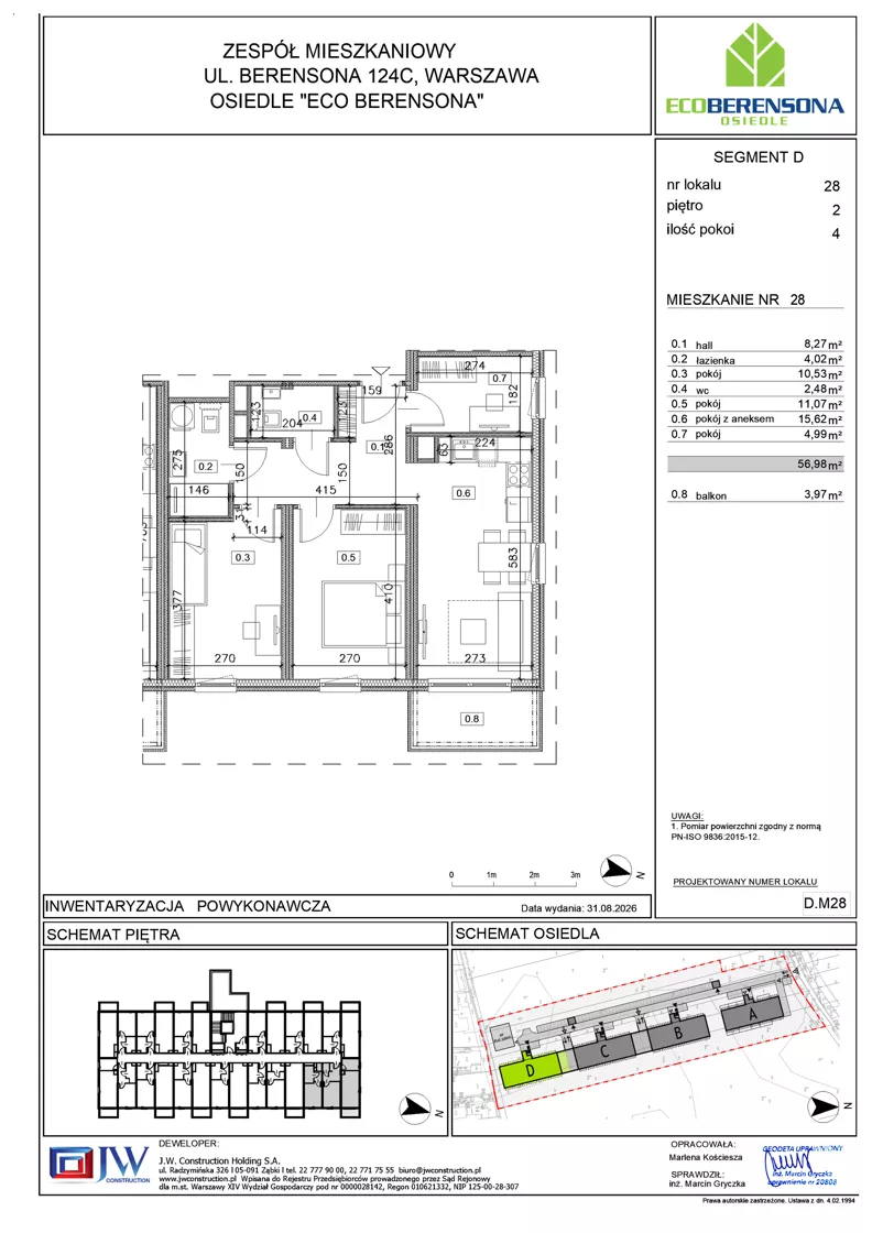 4 pokoje, mieszkanie 56,98 m², piętro 2, oferta nr D-28, Eco Berensona 2, Warszawa, Białołęka, Grodzisk, ul. Leona Berensona 124