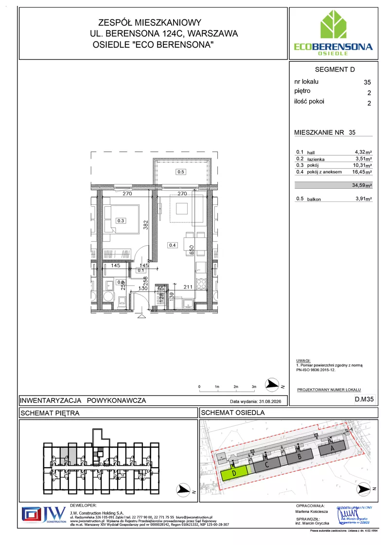 2 pokoje, mieszkanie 34,59 m², piętro 2, oferta nr D-35, Eco Berensona 2, Warszawa, Białołęka, Grodzisk, ul. Leona Berensona 124