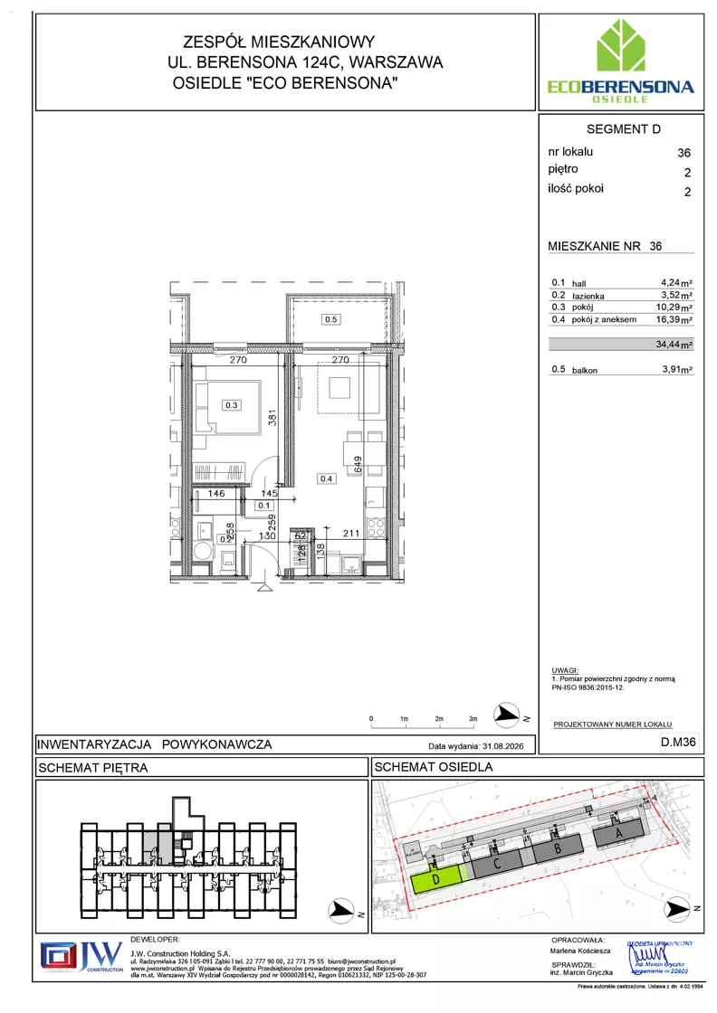 2 pokoje, mieszkanie 34,44 m², piętro 2, oferta nr D-36, Eco Berensona 2, Warszawa, Białołęka, Grodzisk, ul. Leona Berensona 124