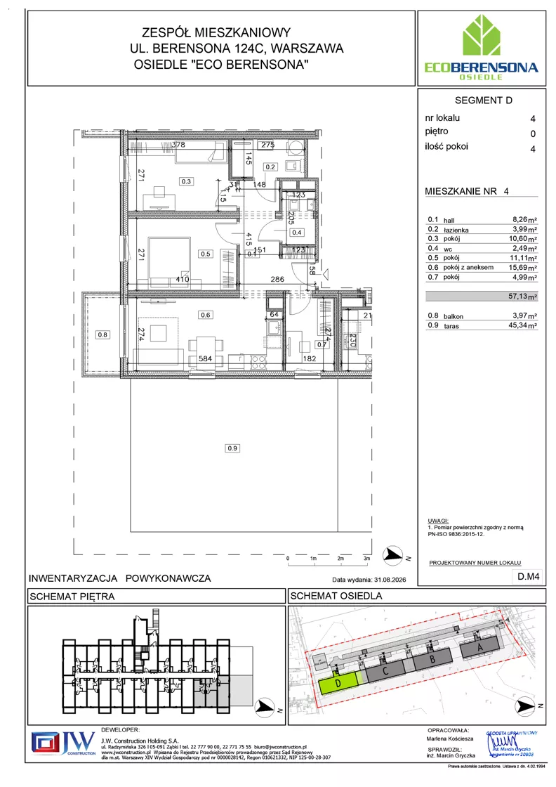 4 pokoje, mieszkanie 57,13 m², parter, oferta nr D-04, Eco Berensona 2, Warszawa, Białołęka, Grodzisk, ul. Leona Berensona 124