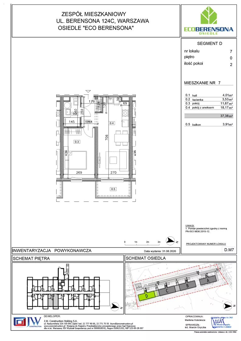 2 pokoje, mieszkanie 37,38 m², parter, oferta nr D-07, Eco Berensona 2, Warszawa, Białołęka, Grodzisk, ul. Leona Berensona 124