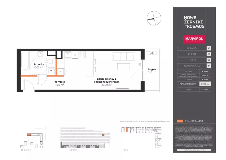 1 pokój, mieszkanie 37,49 m², piętro 8, oferta nr C/C-08-24-K5, Nowe Żerniki, Wrocław, Żerniki, ul. Kosmonautów / al. Architektów