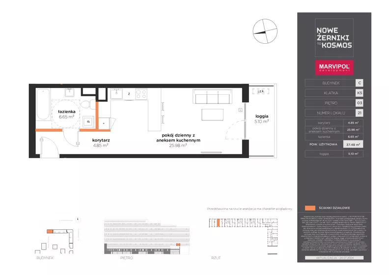 1 pokój, mieszkanie 37,48 m², piętro 3, oferta nr C/C-03-21-K5-N, Nowe Żerniki, Wrocław, Żerniki, ul. Kosmonautów / al. Architektów