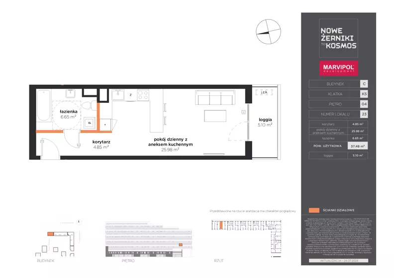 1 pokój, mieszkanie 37,48 m², piętro 4, oferta nr C/C-04-23-K5, Nowe Żerniki, Wrocław, Żerniki, ul. Kosmonautów / al. Architektów